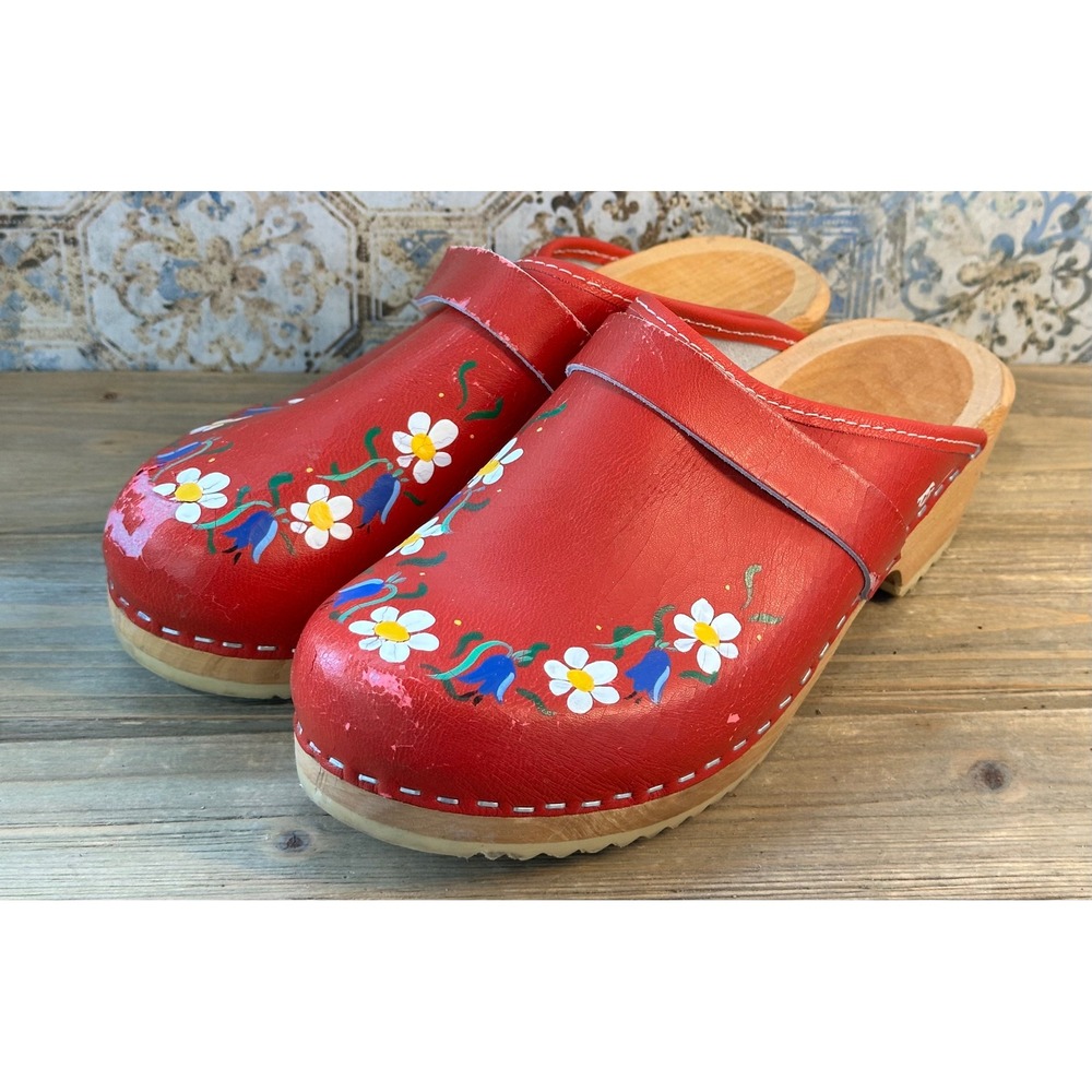 Wooden Swedish Klompen Clogs Hand Painted Floral Women 37 / 6 Red
